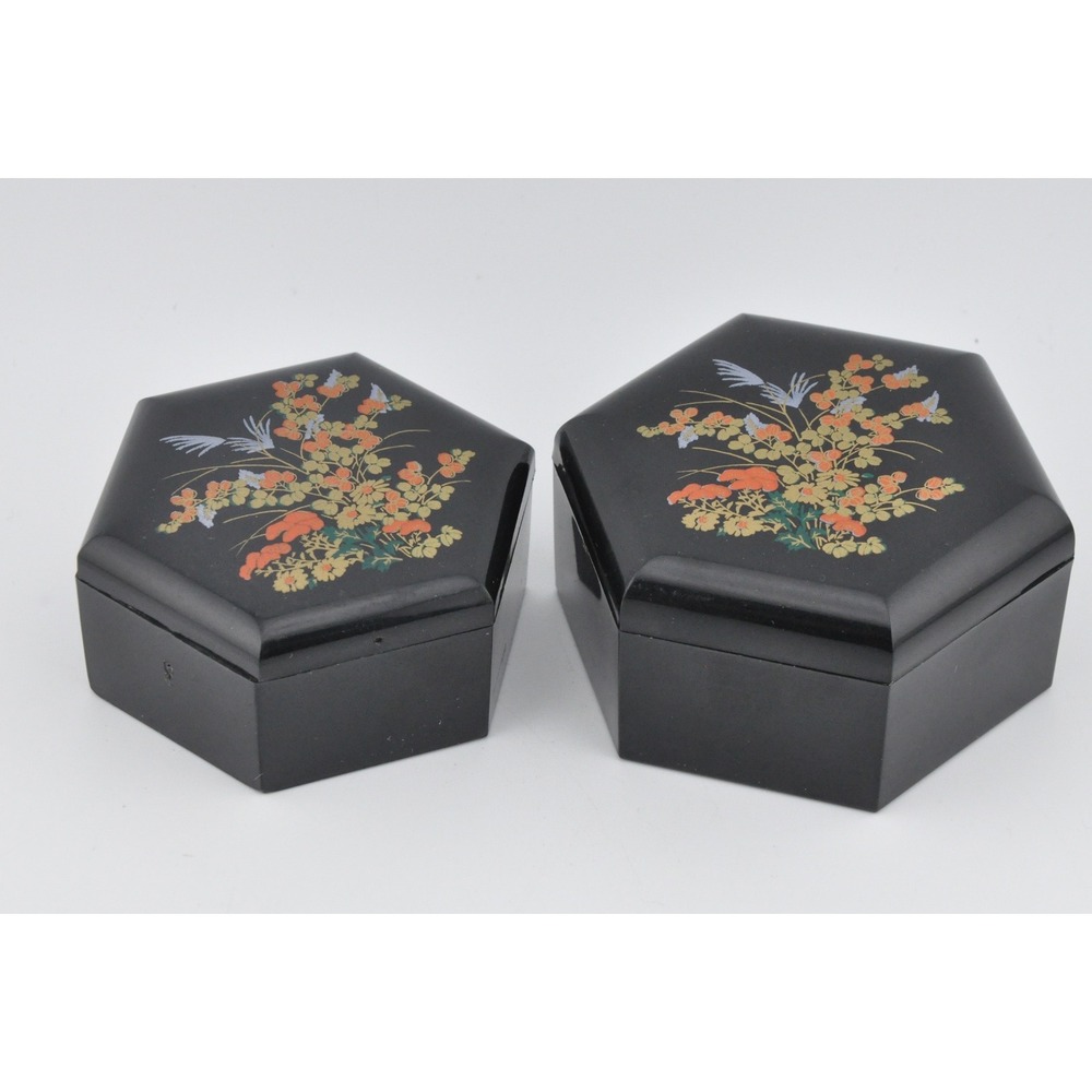 Vintage Plastic‎ Trinket Boxes Black Floral Crane Hexagon Set